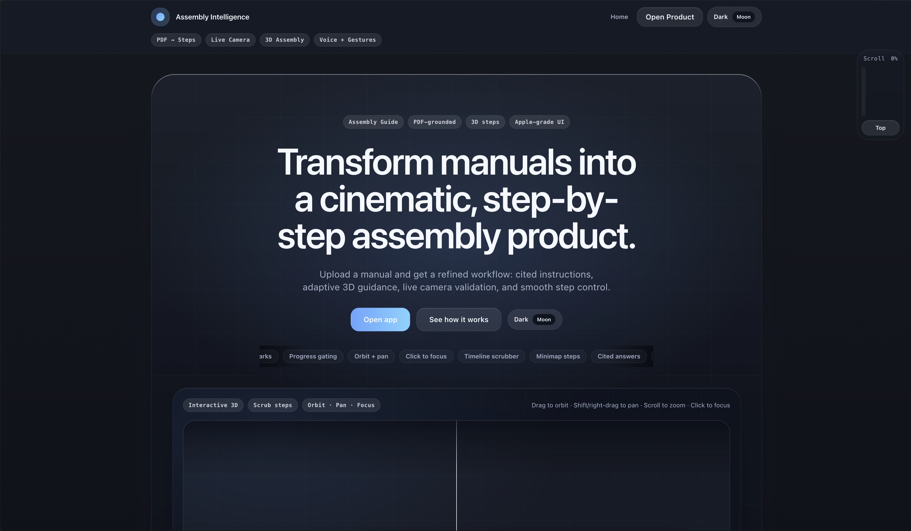 Homepage of the live LLM Assembly Instruction Platform showing the product framing, assembly workflow, and guided interface.