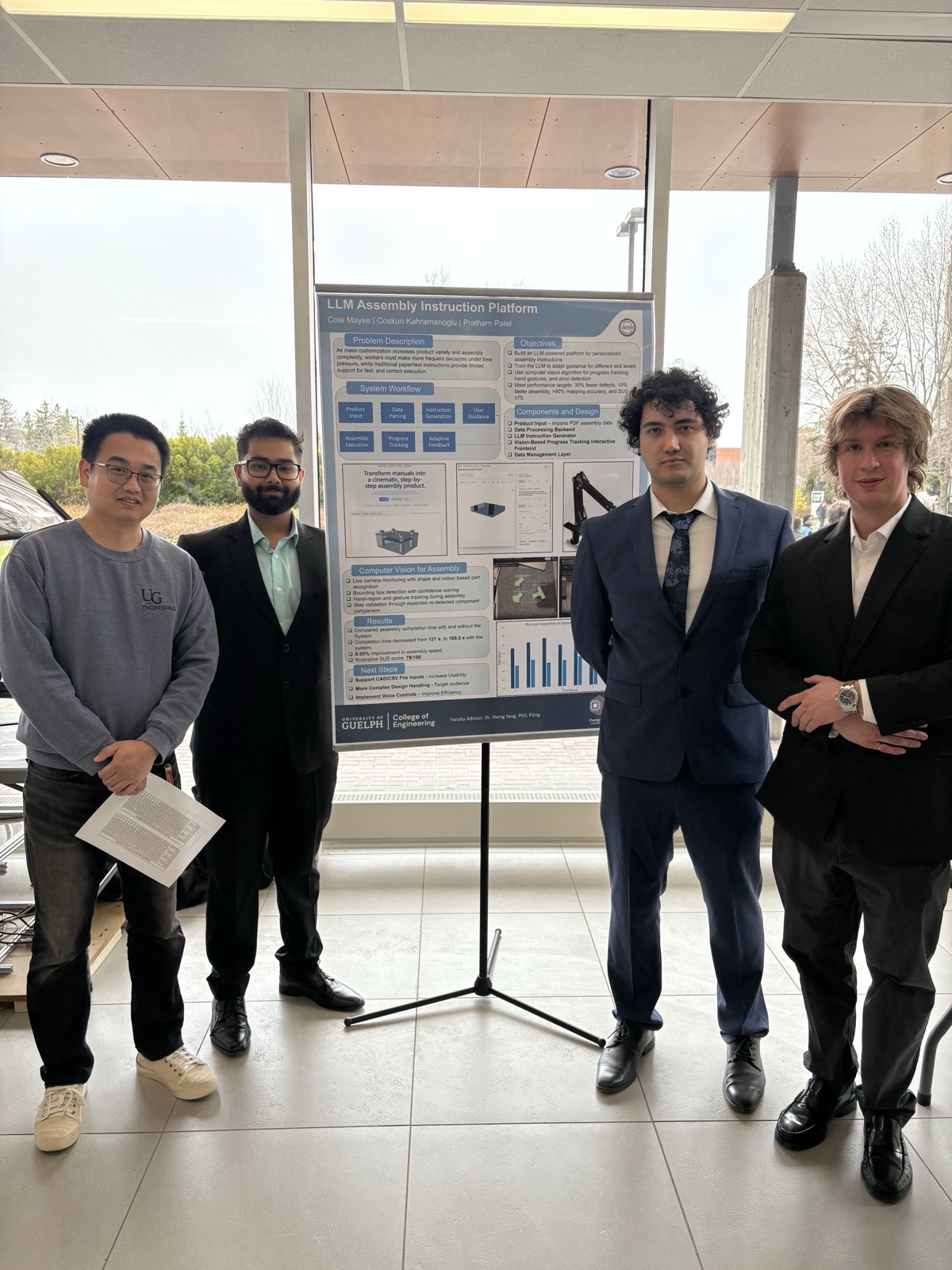 Cole Mayke and the LLM Assembly Instruction Platform capstone team presenting their poster at the University of Guelph engineering showcase.