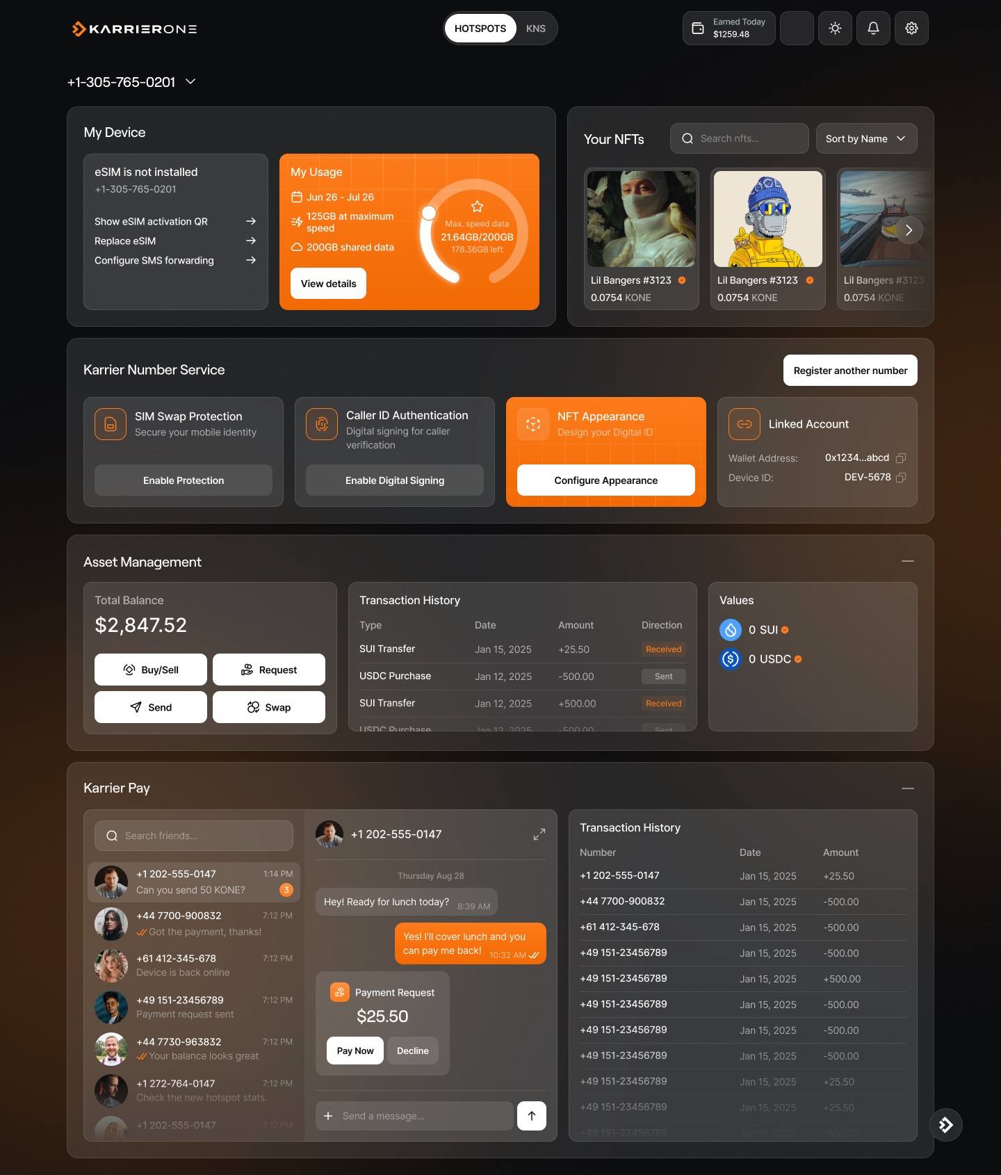 Karrier One KNS dashboard view showing number services, digital identity settings, asset management, and Karrier Pay flows.