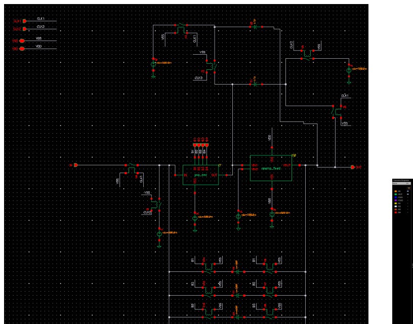 Cadence Virtuoso PGA schematic from the mixed-signal ECG front-end showing the switched-capacitor gain path and supporting circuitry.