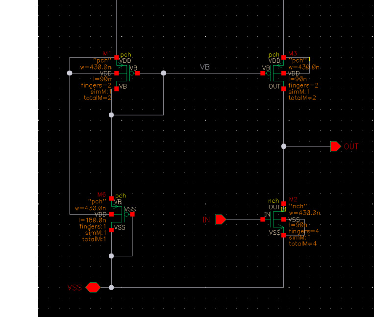 Common-source amplifier schematic used as the pre-layout reference before DRC, LVS, PEX, and post-layout analysis.