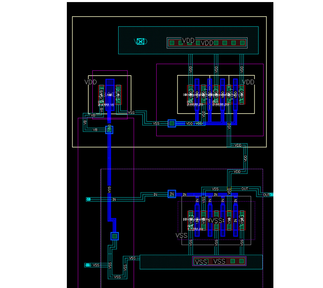 Cadence layout of the common-source amplifier showing final placement and routing before post-layout verification.